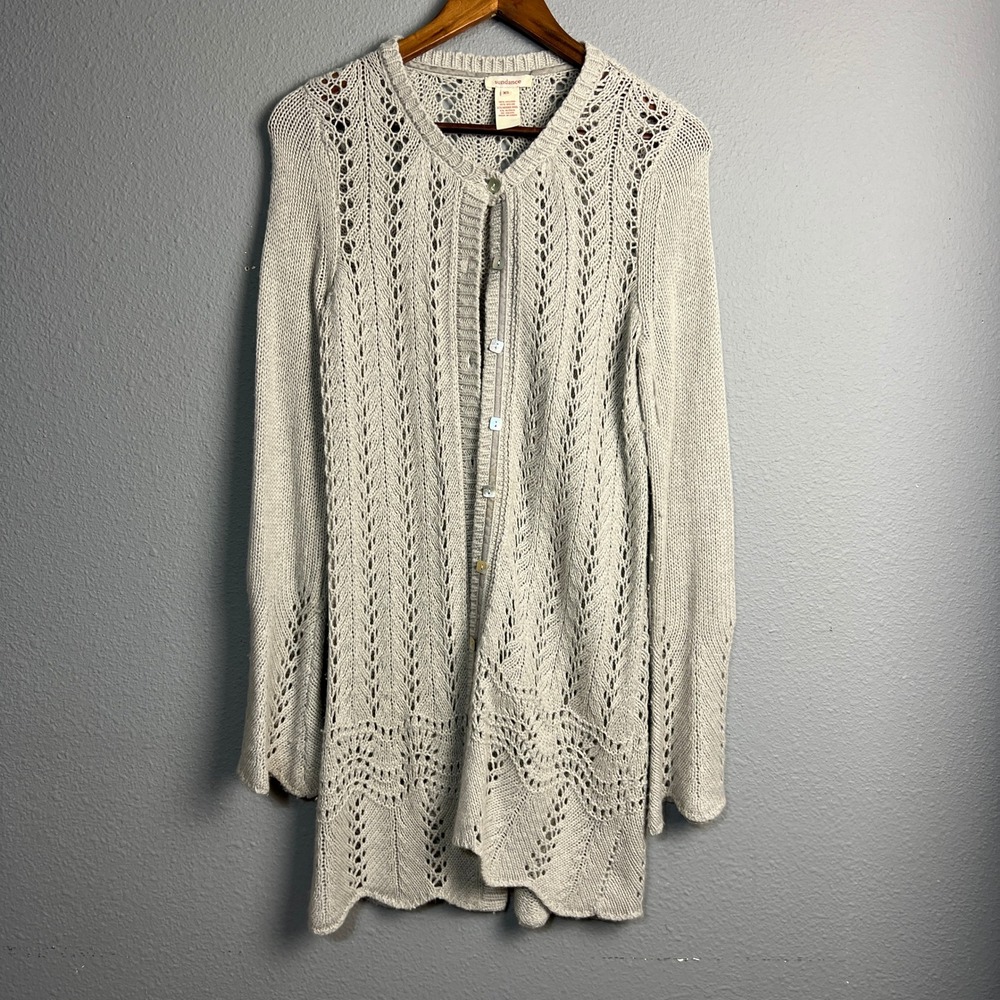 Sundance Open Knit Duster Cardigan Sweater XS Gray L/SL Cottagecore Button Down